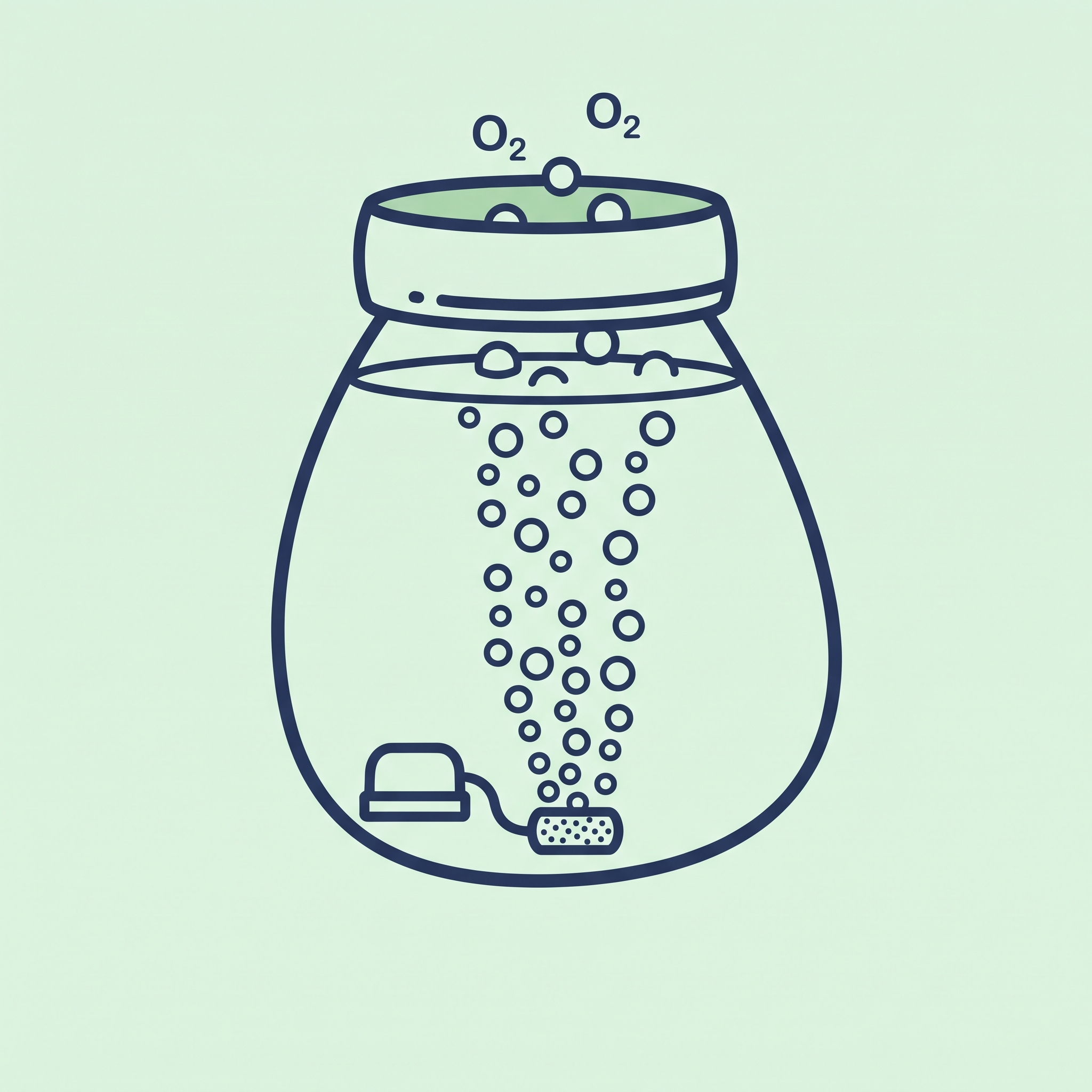 曝気(ばっき)を表すイラスト。水中に空気を送り込み好気性菌を活性化させる仕組みのアイコン。
