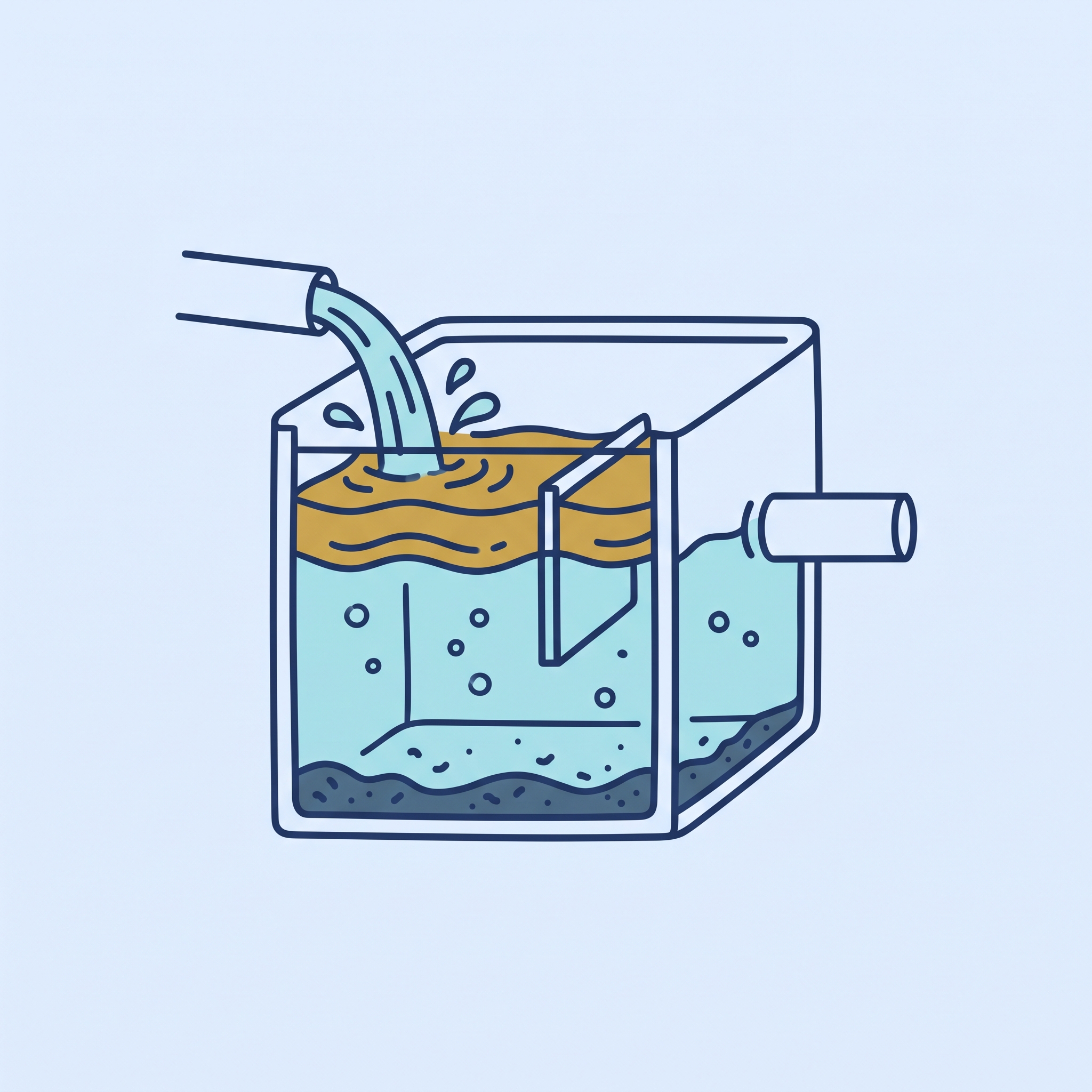 グリストラップを表すイラスト。厨房排水から油分・食べかすを取り除く水槽のアイコン。