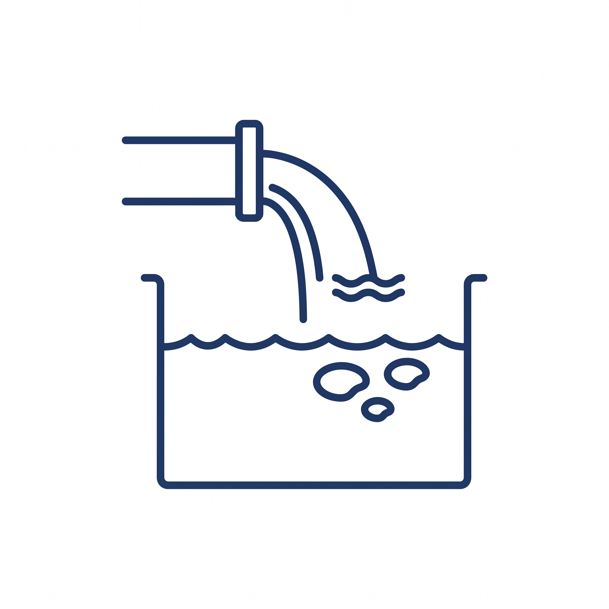 グリストラップへの排水流入(油脂・有機物)を表す線画アイコン。