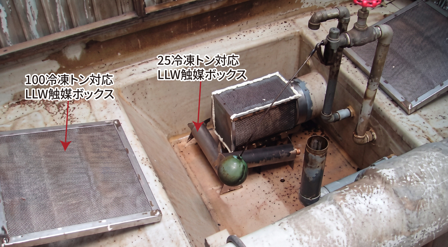 250冷凍トン規模の冷却塔水槽に設置されたLLW触媒ボックス。100冷凍トン対応・25冷凍トン対応の2種類を組み合わせて設置した状態を、矢印付きで示した写真。